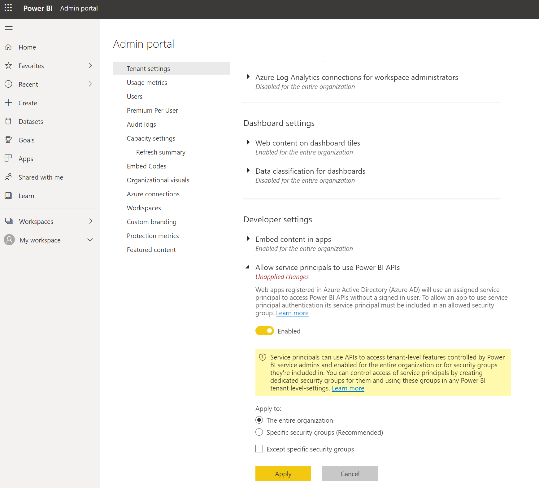 PowerBI Tenant Settings - Enable Allow service principals to use Power BI APIs in the Developer section